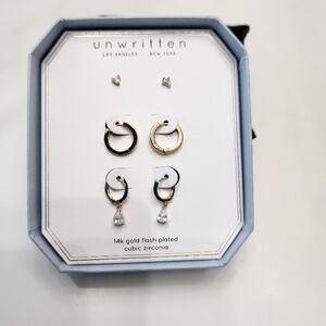 Unwritten 14k Gold Flash Plated Cubic Zirconia Earrings Set